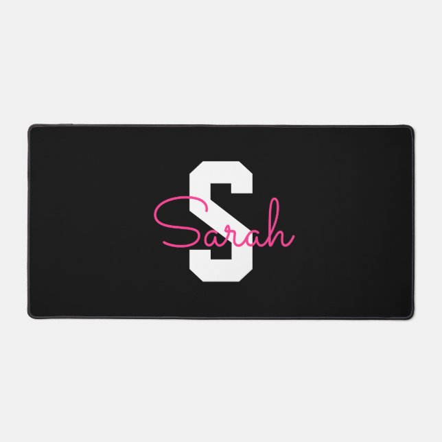 Cute Name & Monogram | Black White & Pink Desk Mat (Front)