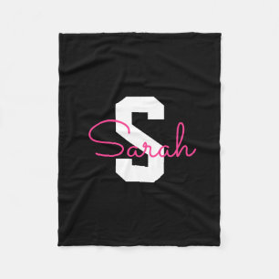 Cute Name & Monogram Black White & Pink Fleece Blanket
