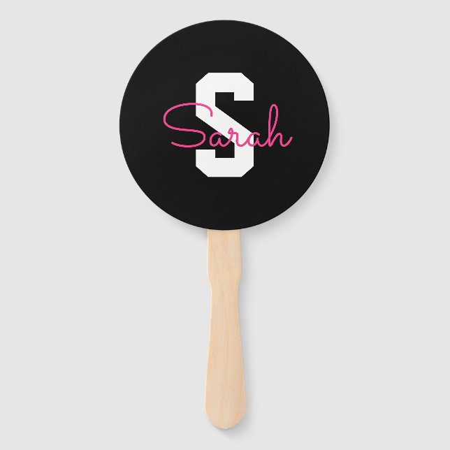 Cute Name & Monogram | Black White & Pink Hand Fan (Front)