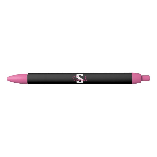 Cute Name & Monogram | Black White & Pink Ink Pen (Front)