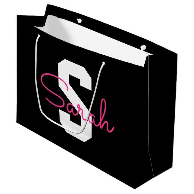 Cute Name & Monogram | Black White & Pink Large Gift Bag (Front Angled)