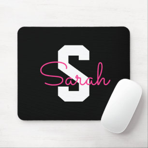 Cute Name & Monogram Black White & Pink Mouse Mat