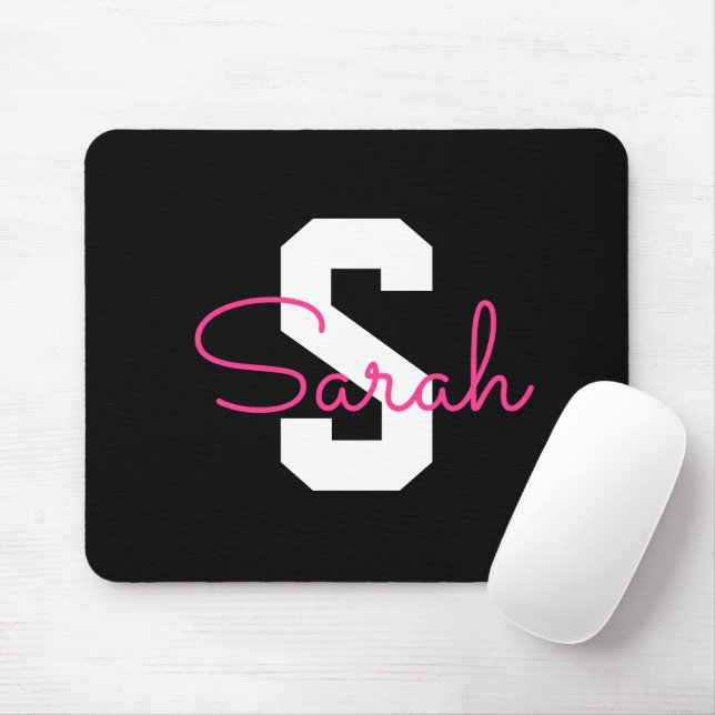 Cute Name & Monogram | Black White & Pink Mouse Mat (With Mouse)