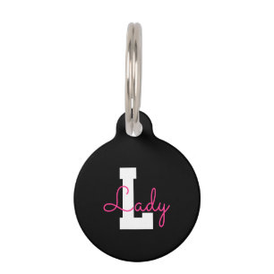 Cute Name & Monogram   Black White & Pink Pet Tag