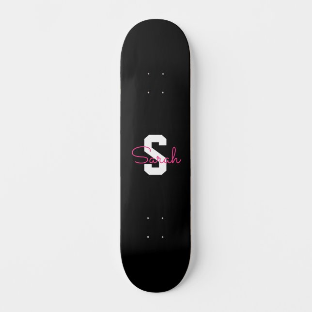 Cute Name & Monogram | Black White & Pink Skateboard (Front)