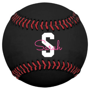 Cute Name & Monogram   Black White & Pink Softball