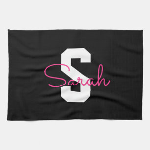 Cute Name & Monogram   Black White & Pink Tea Towel