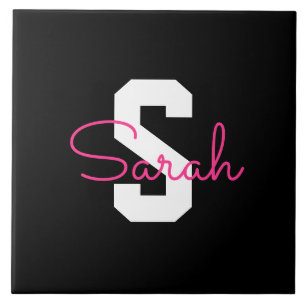 Cute Name & Monogram   Black White & Pink Tile