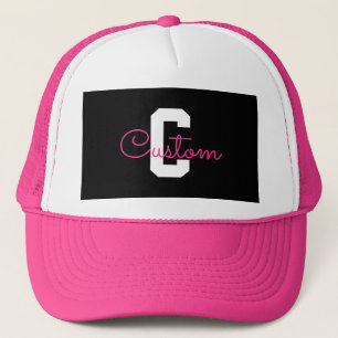 Cute Name & Monogram   Black White & Pink Trucker Hat