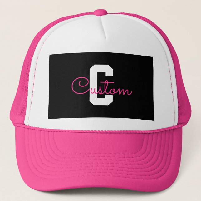 Cute Name & Monogram | Black White & Pink Trucker Hat (Front)