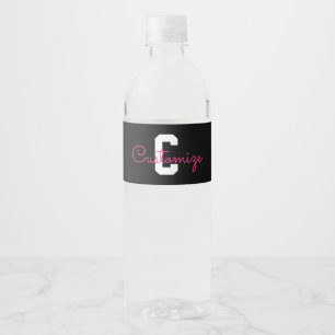Cute Name & Monogram   Black White & Pink Water Bottle Label