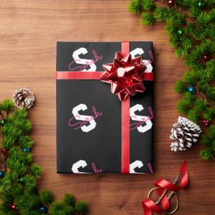 Cute Name & Monogram Black White & Pink Wrapping Paper