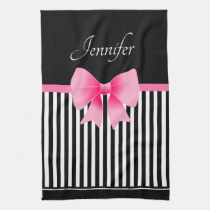 Cute Name Pink Ribbon Black White Stripes Pattern Tea Towel