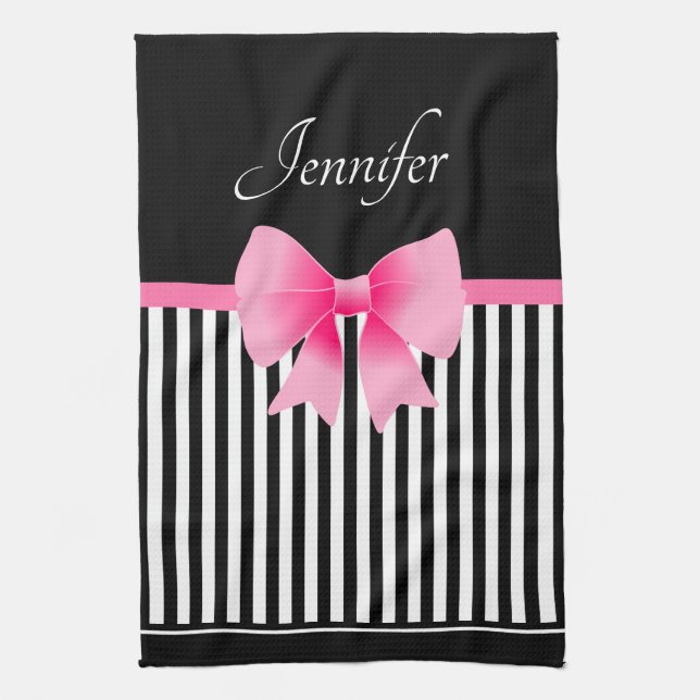 Cute Name Pink Ribbon Black White Stripes Pattern Tea Towel (Vertical)
