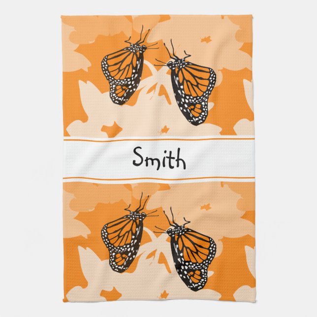 Cute Named Orange Monarch Butterflies Tea Towel (Vertical)