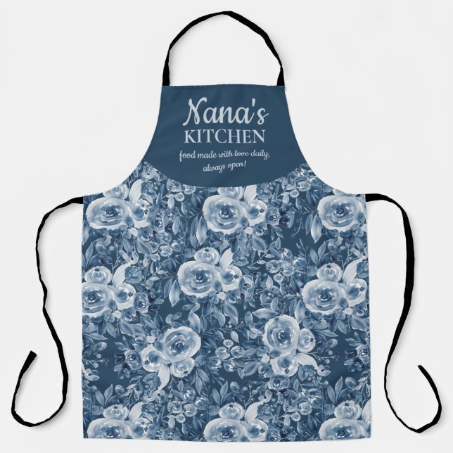 Cute nana's kitchen navy blue floral watercolor apron (Front)