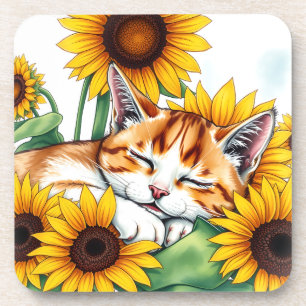 Cute Napping Kitten and Sunflowers Coaster