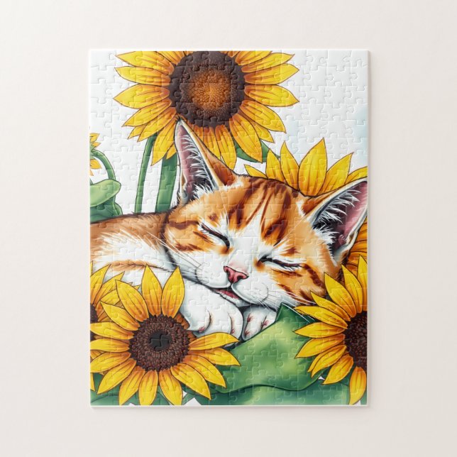 Cute Napping Kitten and Sunflowers Jigsaw Puzzle (Vertical)