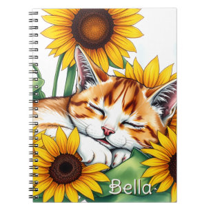 Cute Napping Kitten and Sunflowers Personalised Notebook