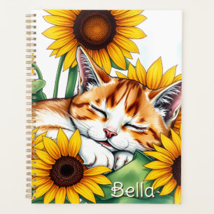 Cute Napping Kitten and Sunflowers Personalized Planner