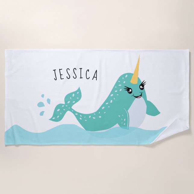 Cute Narwhal Arctic Whale Cartoon Beach Towel (Front)
