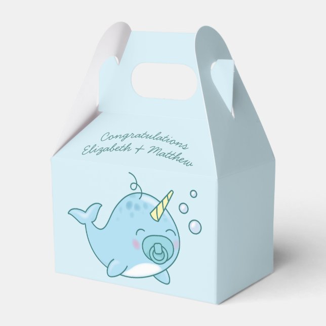 Cute Narwhal Baby Shower Kawaii Blue Boy Favour Box (Front Side)