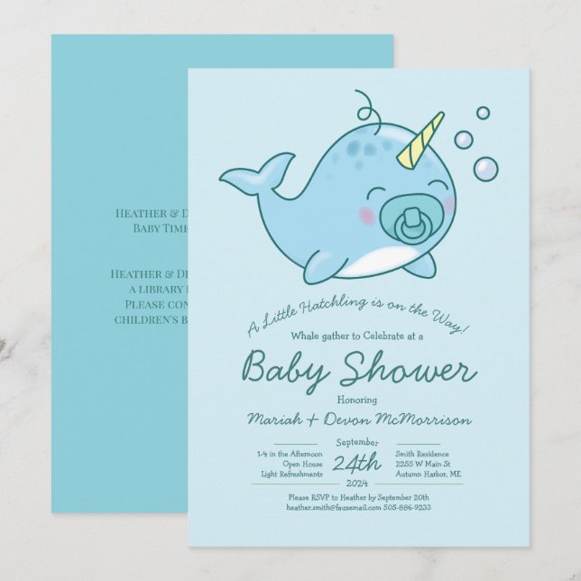 Cute Narwhal Baby Shower Kawaii Blue Boy Invitation (Front/Back)
