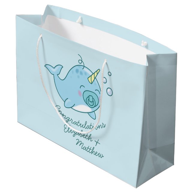 Cute Narwhal Baby Shower Kawaii Blue Boy Large Gift Bag (Back Angled)