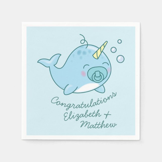 Cute Narwhal Baby Shower Kawaii Blue Boy Napkin (Front)