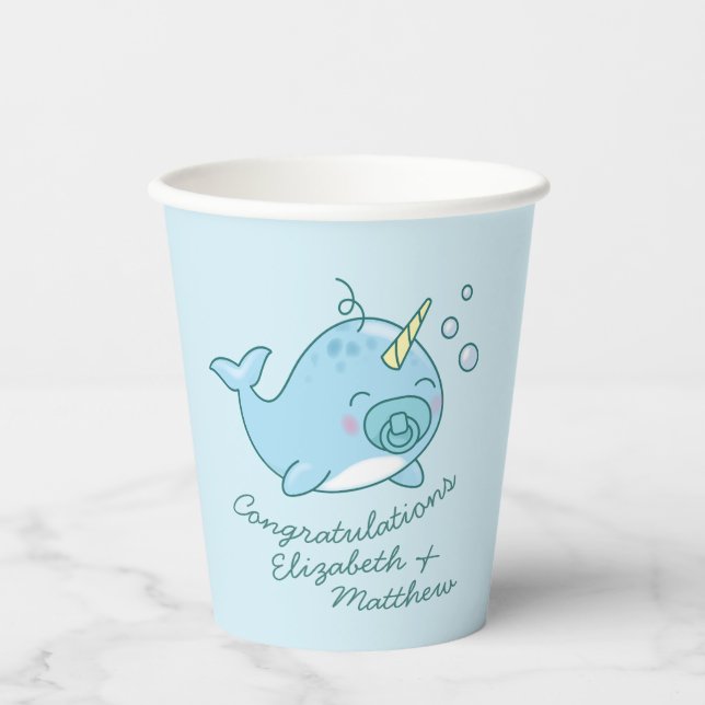 Cute Narwhal Baby Shower Kawaii Blue Boy Paper Cups (Front)