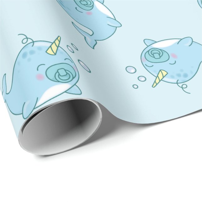 Cute Narwhal Baby Shower Kawaii Blue Boy Wrapping Paper (Roll Corner)