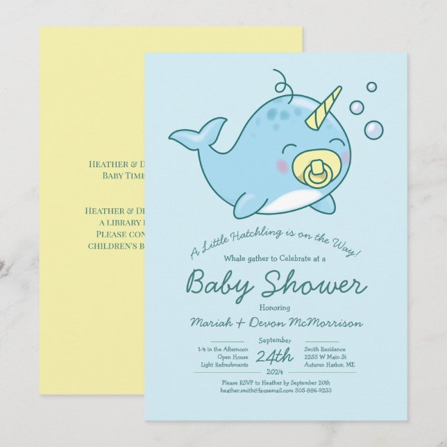 Cute Narwhal Baby Shower Kawaii Invitation (Front/Back)
