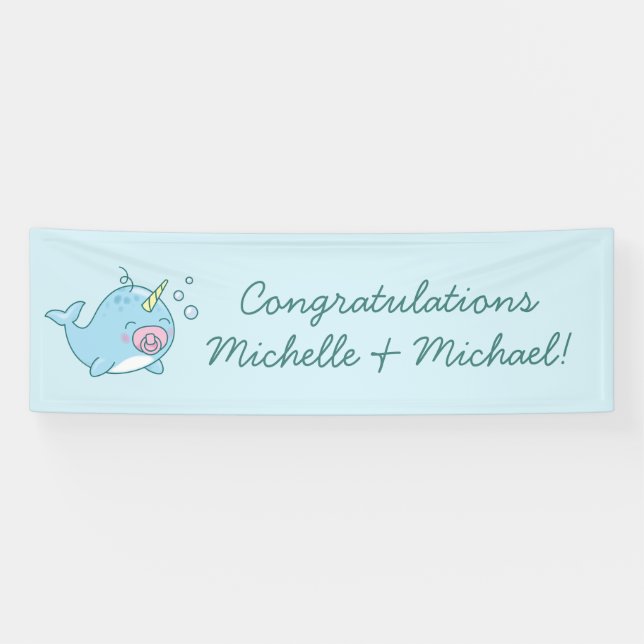 Cute Narwhal Baby Shower Kawaii Pink Girl Banner (Horizontal)