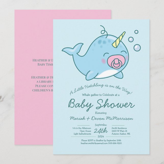 Cute Narwhal Baby Shower Kawaii Pink Girl Invitation (Front/Back)