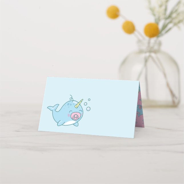 Cute Narwhal Baby Shower Kawaii Pink Girl Place Card (Front)
