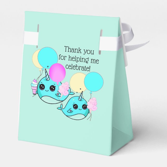 Cute Narwhal, Balloons Birthday Party Personalised Favour Box (Back Side)