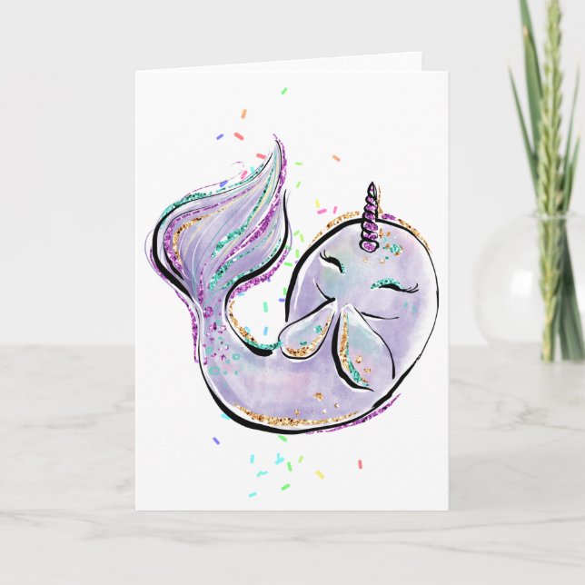 Cute Narwhal Cartoon Kawaii Illustration Add Name Card (Front)