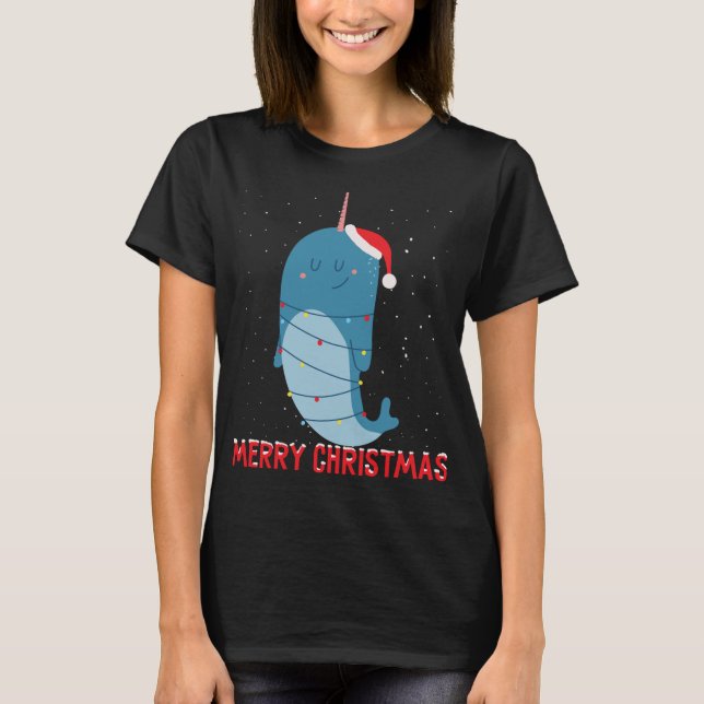 Cute narwhal Christmas Tree Lights T-Shirt (Front)