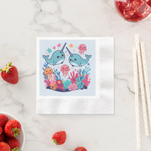 Cute Narwhal fish Pattern Watercolor Under the Sea Napkin