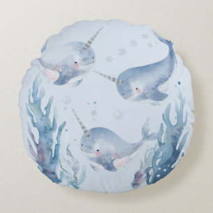 Cute Narwhal fish Pattern Watercolor Under the Sea Round Cushion