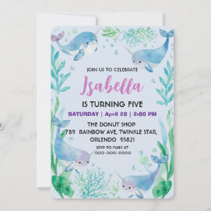 Cute Narwhal fish Pattern Watercolor Under the Sea Save The Date