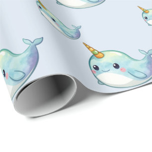 Cute Narwhal fish Pattern Watercolor Under the Sea Wrapping Paper