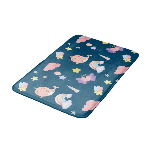 Cute Narwhal Fish Unicorn Rainbow Pattern Bath Mat (Angled)