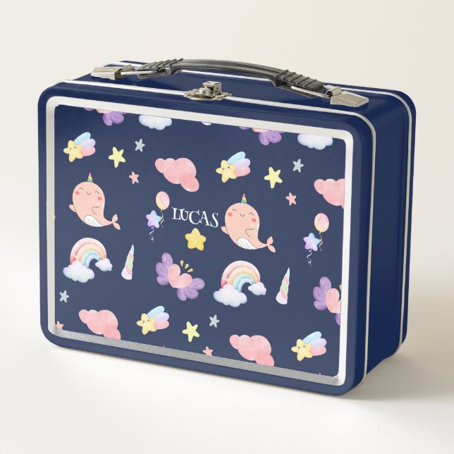 Cute Narwhal Fish Unicorn Rainbow Pattern Metal Lunch Box (Front)