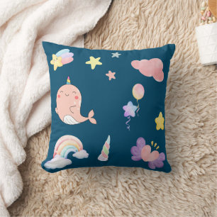 Cute Narwhal Fish Unicorn Rainbow sea Birthday  Cushion