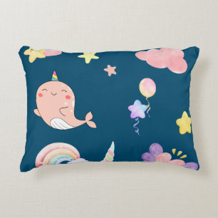 Cute Narwhal Fish Unicorn Rainbow sea Birthday Decorative Cushion