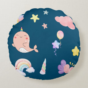 Cute Narwhal Fish Unicorn Rainbow sea Birthday Round Cushion