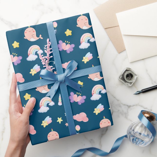 Cute Narwhal Fish Unicorn Rainbow sea Birthday  Wrapping Paper (Gifting)