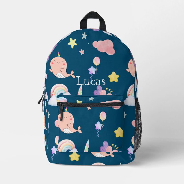 Cute Narwhal Fish Unicorn Rainbow sea girl Pattern Printed Backpack (Front)