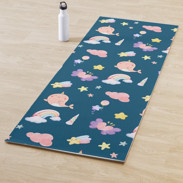 Cute Narwhal Fish Unicorn Rainbow sea pattern Yoga Mat (In Situ)